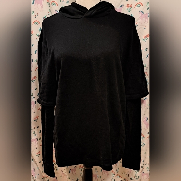NWOT Vince Black Pima Cotton & Waffle Knit Sleeve Casual Hoodie Sweater Top SZ M - Picture 1 of 6